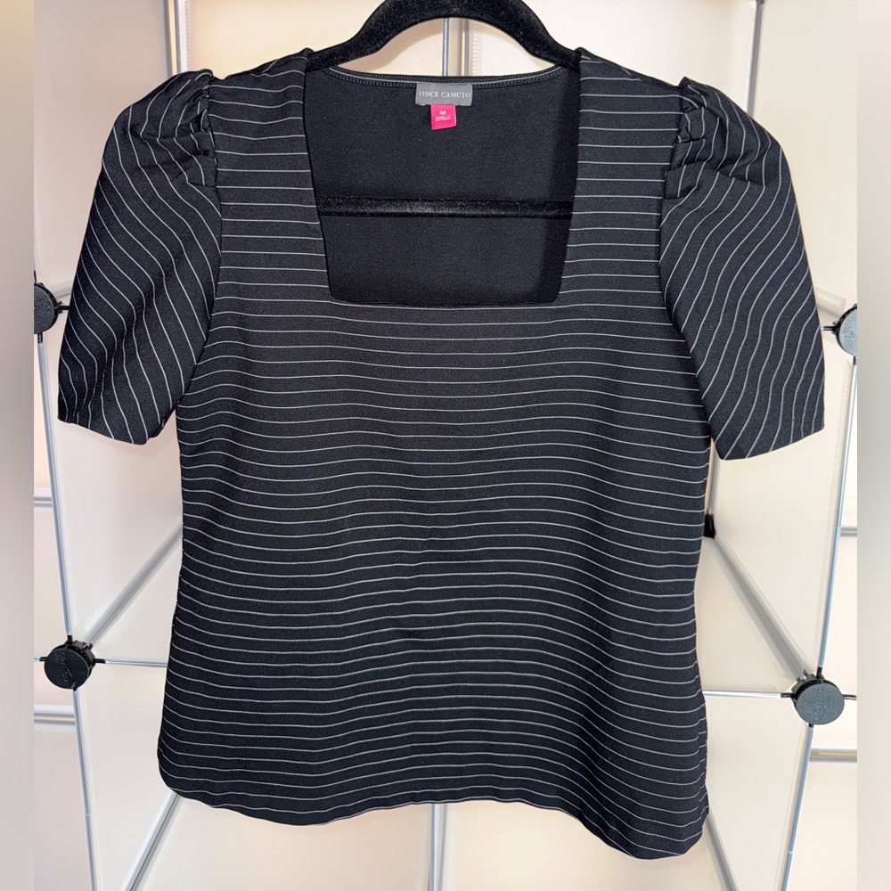 Vince Camuto Black and White Pinstriped Puff-Sleeve Square-Neck Blouse Size M
